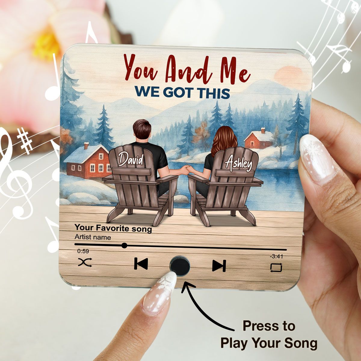 Peaceful Lakeside Forest Scene Couple Sitting Back View Personalized Music Magnet