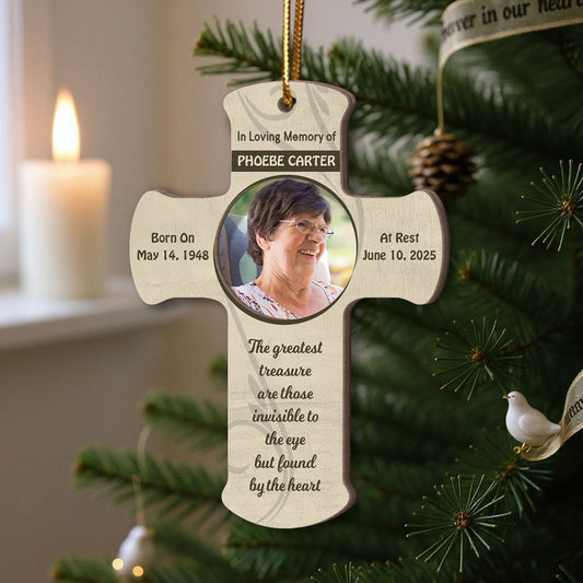 Forever in Our Hearts Memorial Keepsake, Sympathy Gift Photo Cross Christmas Personalized 2-Layer Wooden Ornament