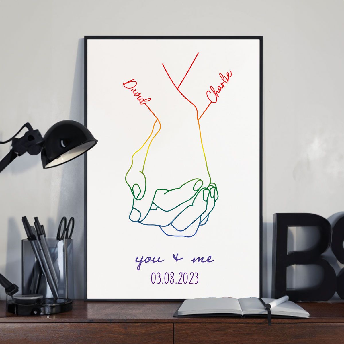 Personalized Couple Relationship Hand Line Art Print, Custom Canvas Gift for LGBTQ+ Couples