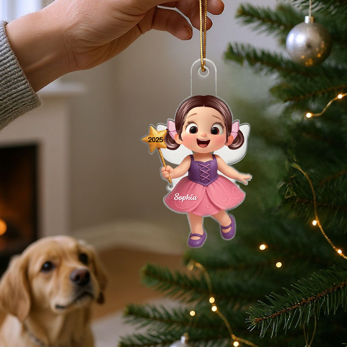 3D Effect Cute Cartoon Fairy Kid Christmas Personalized Acrylic Ornament, Beautiful Gift For Grandkids