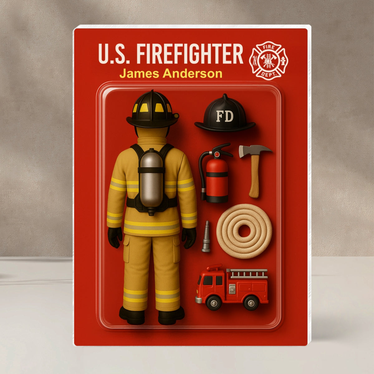 Back View Firefighter Action Figure Pack Packaging Personalized Rectangle Acrylic Block