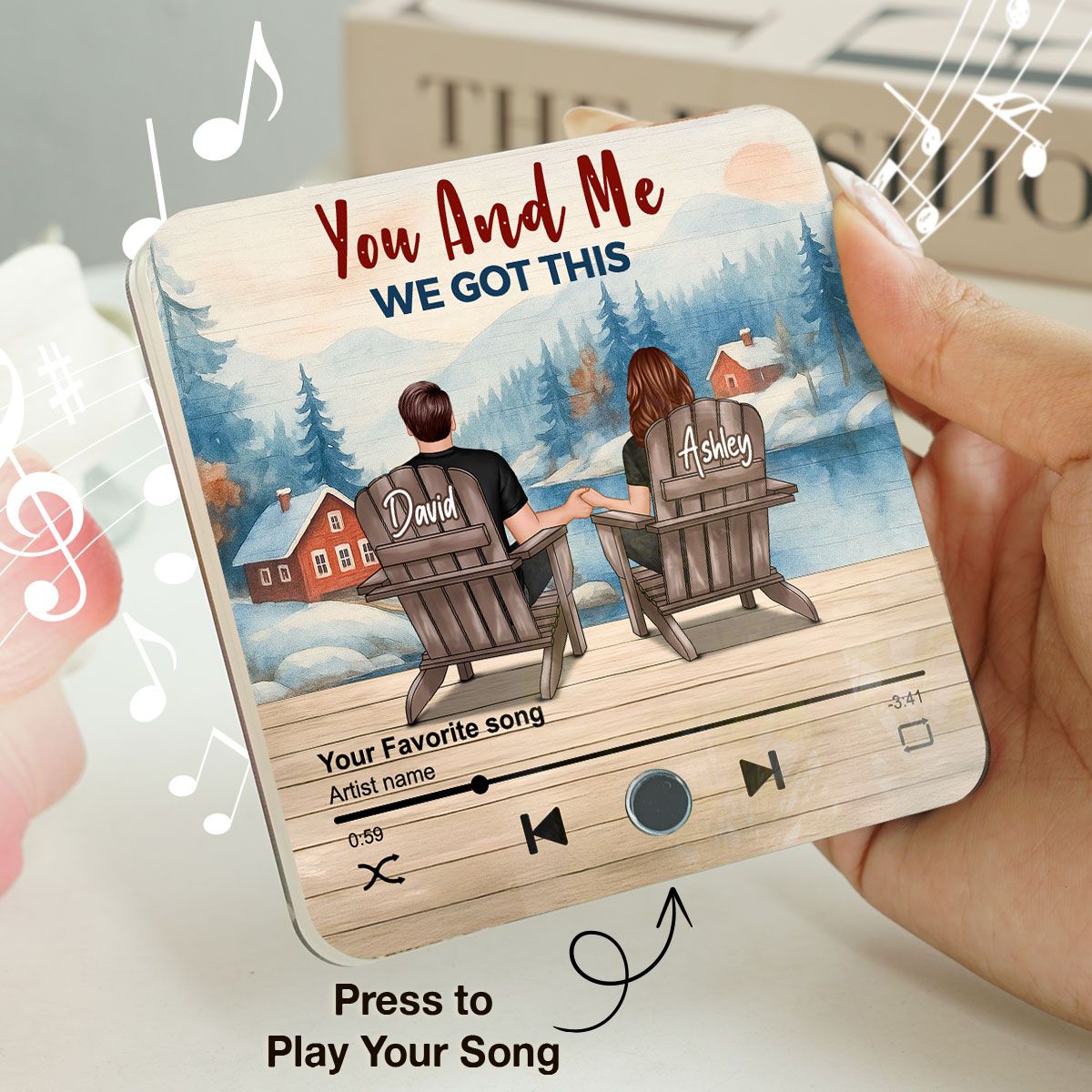 Peaceful Lakeside Forest Scene Couple Sitting Back View Personalized Music Magnet