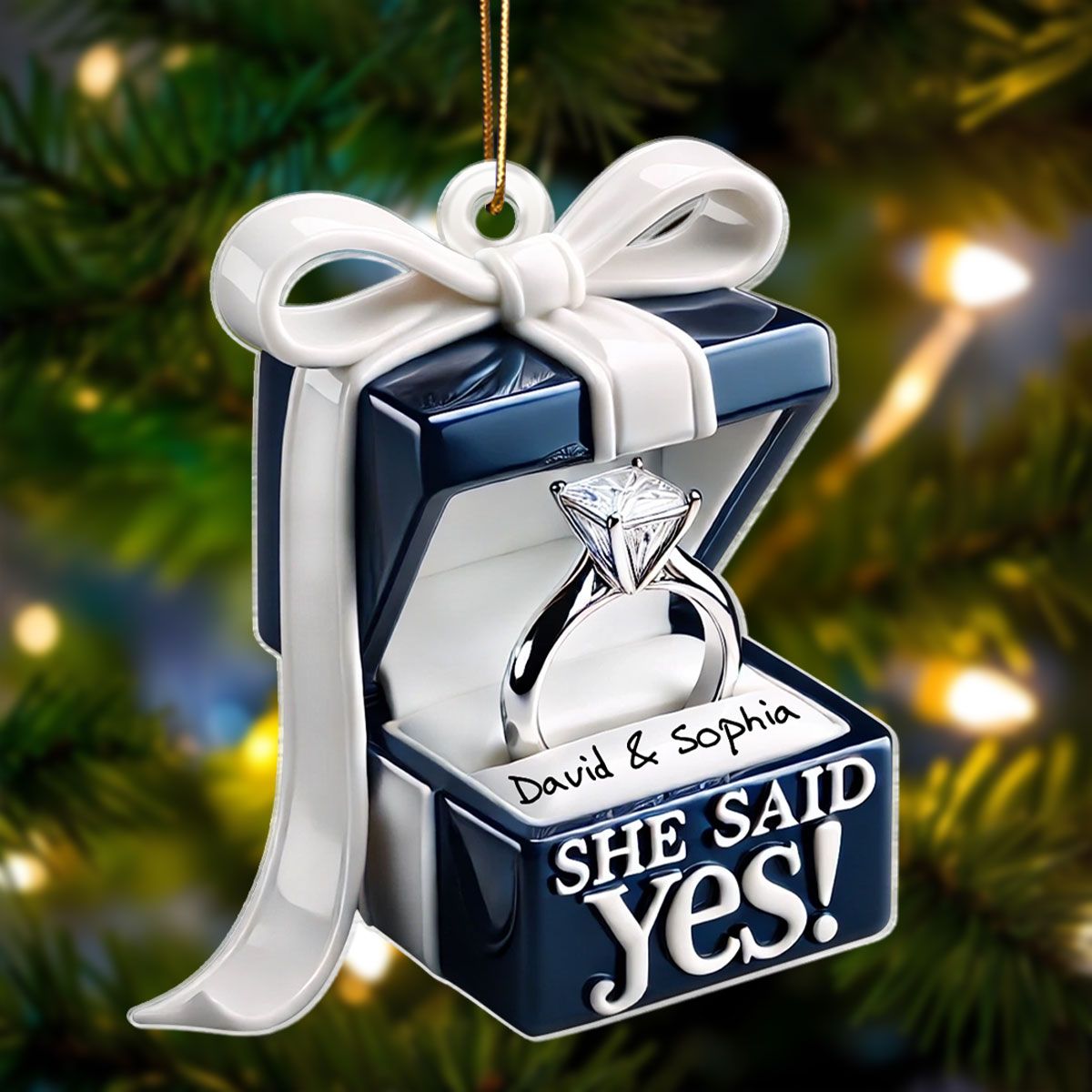 Personalized Blue Engagement Ring Box Personalized 2D Flat Acrylic Ornament, Anniversary Gift for Couple