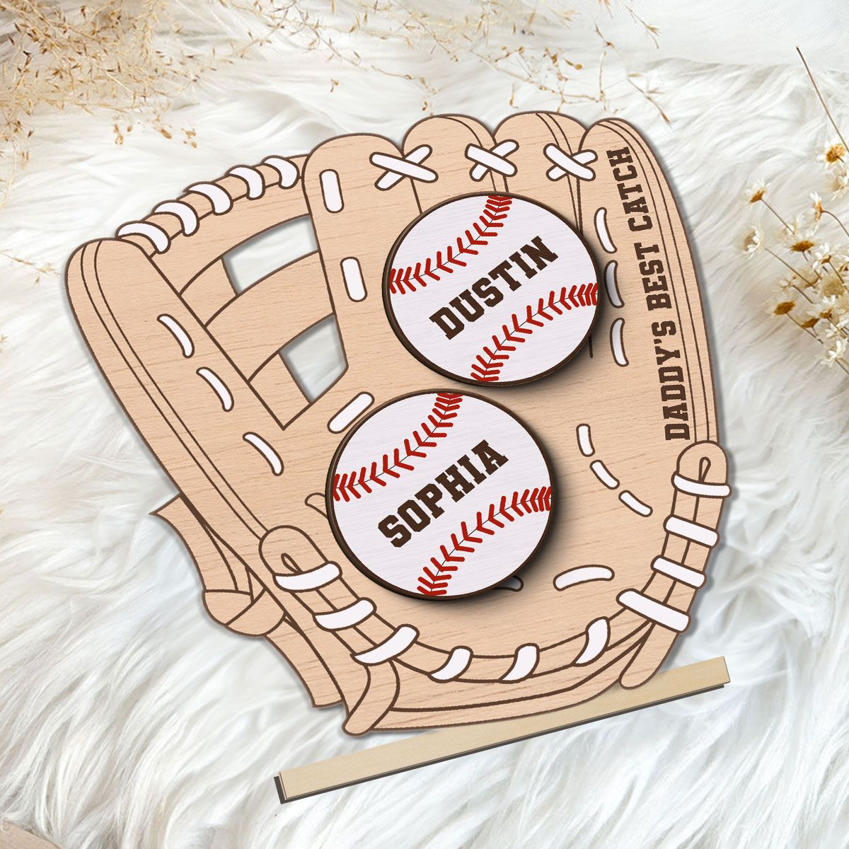 Daddy‘s Best Catch Kids Names In Baseball Glove Personalized 2-Layer Standing Wooden Plaque