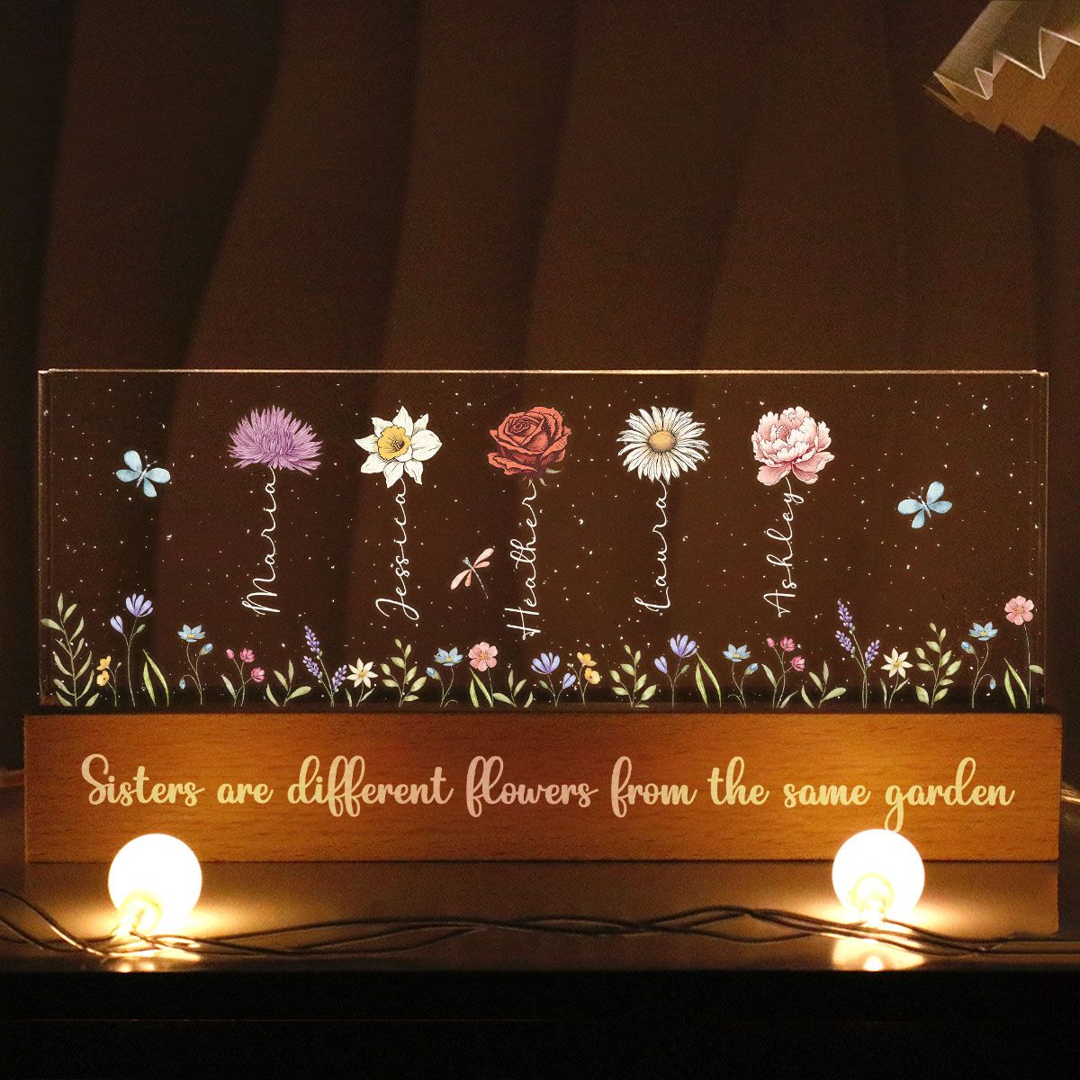 Sisters Besties Are Different Flowers From The Same Garden Personalized Acrylic Block LED Night Light