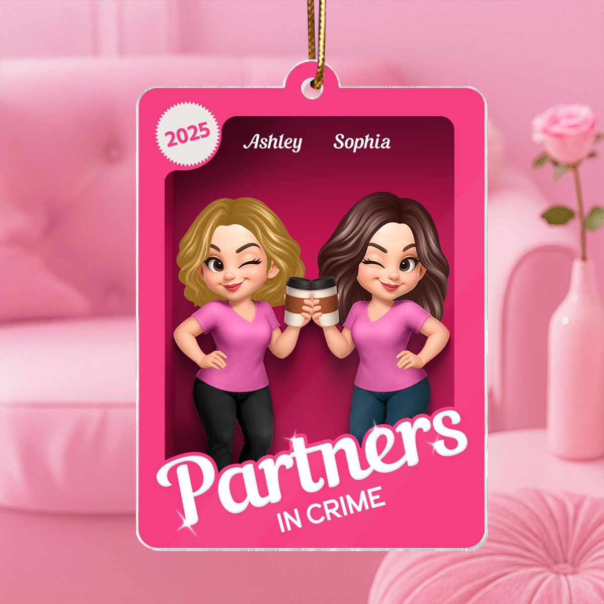 Besties Sisters 3D Effect Pink Toy Box Personalized Acrylic Ornament, Gift for Besties, Best Friends