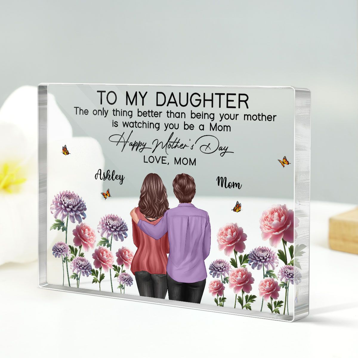 To My Daughter From Mom Happy Mother's Day Birth Flower Personalized Acrylic Block Plaque, Mother's Day Gift For Daughter