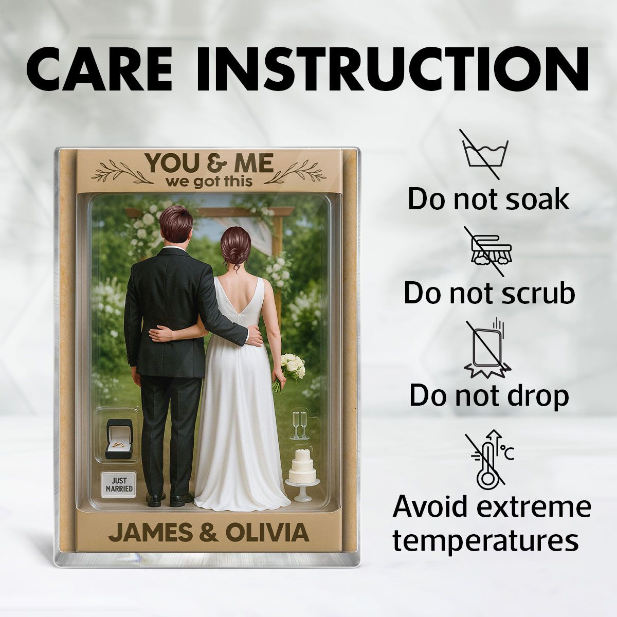 Bride & Groom Couple Toy Box Figures Style Garden Wedding Theme Personalized Acrylic Block Plaque, Wedding Gift, Newlyweds Gift