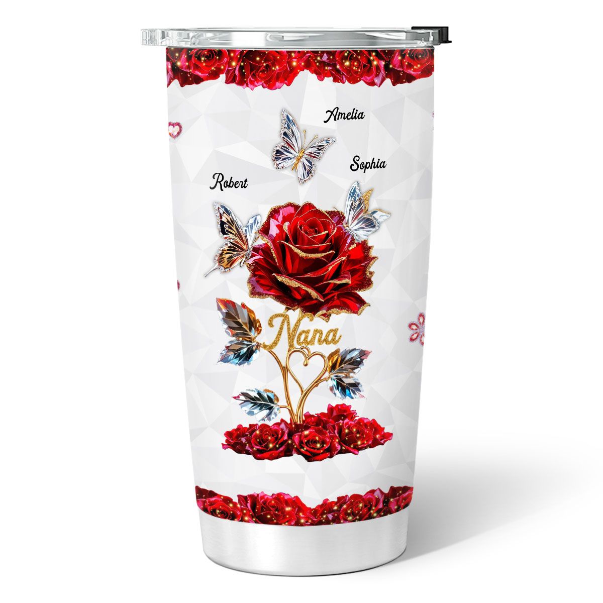 Beautiful Rose & Butterflies Gift For Grandma Mom 3D Effect Personalized Tumbler