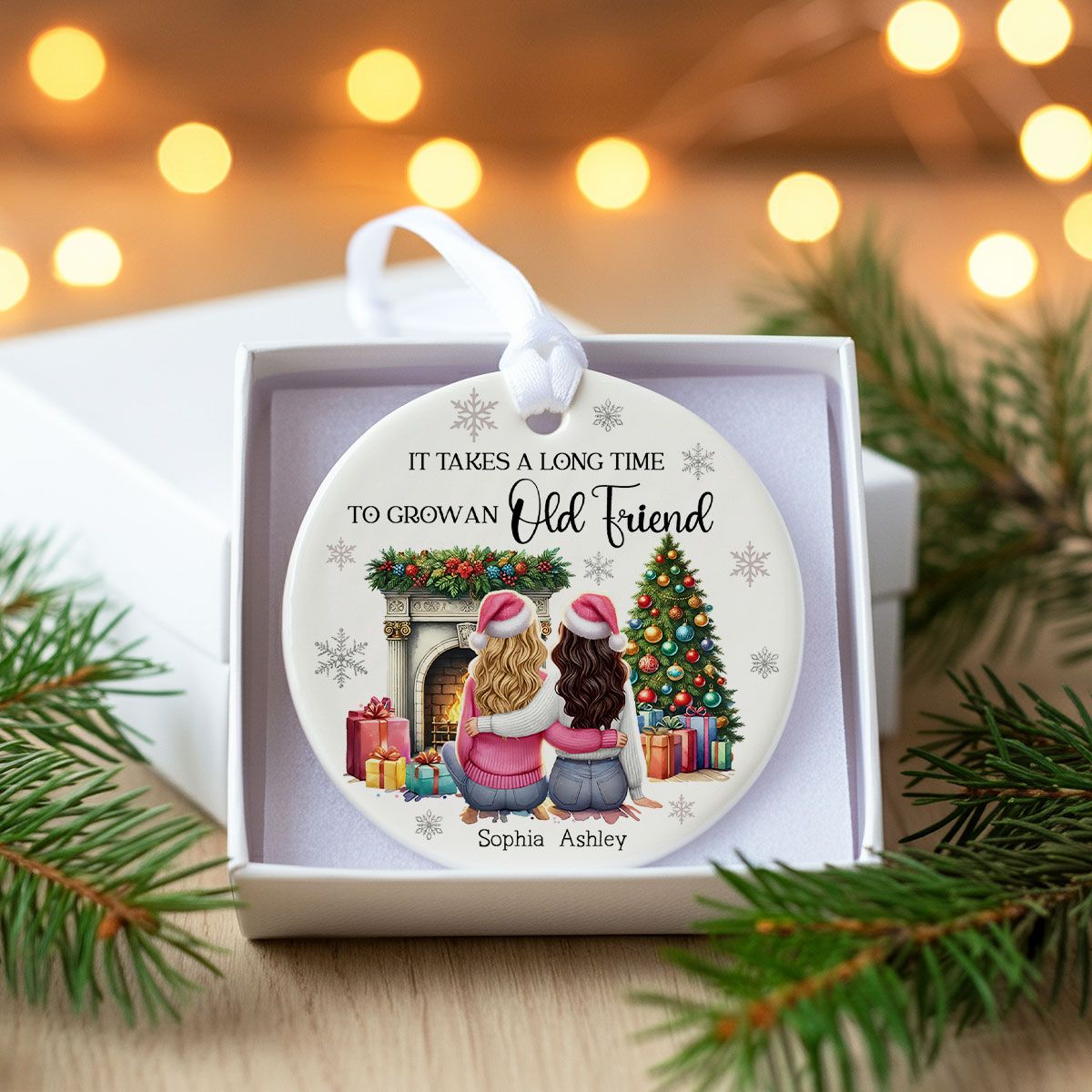 Personalized Best Friends Christmas Ornament – Cozy Holiday Scene by the Fireplace