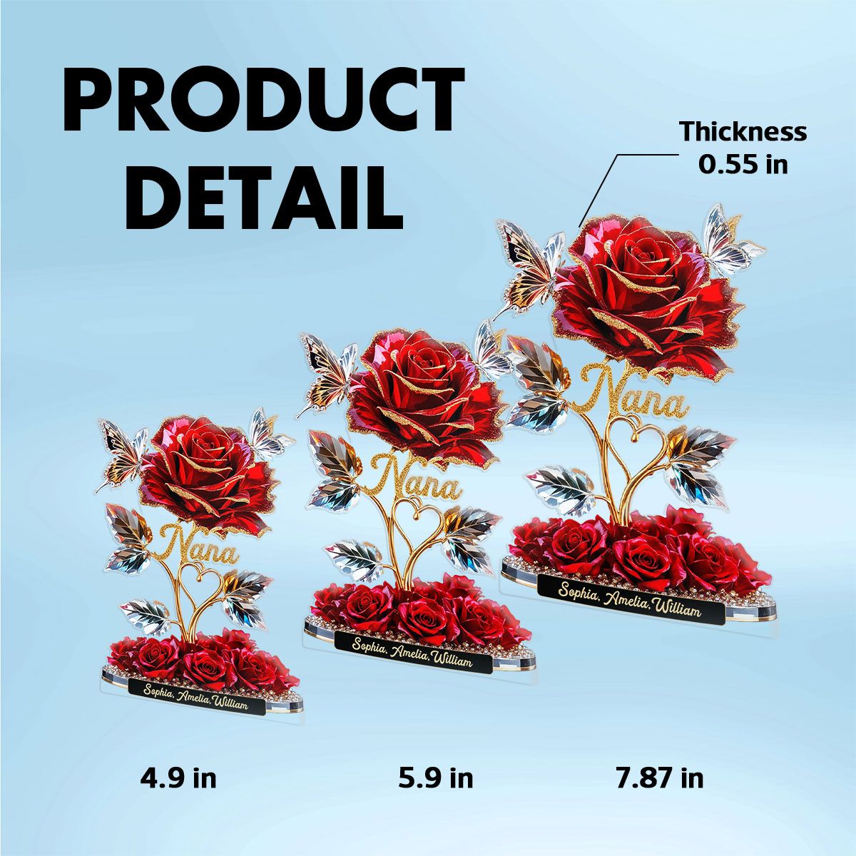 Beautiful Rose For Grandma Mom With Kids Names 3D Effect Personalized Flat Acrylic Block Plaque