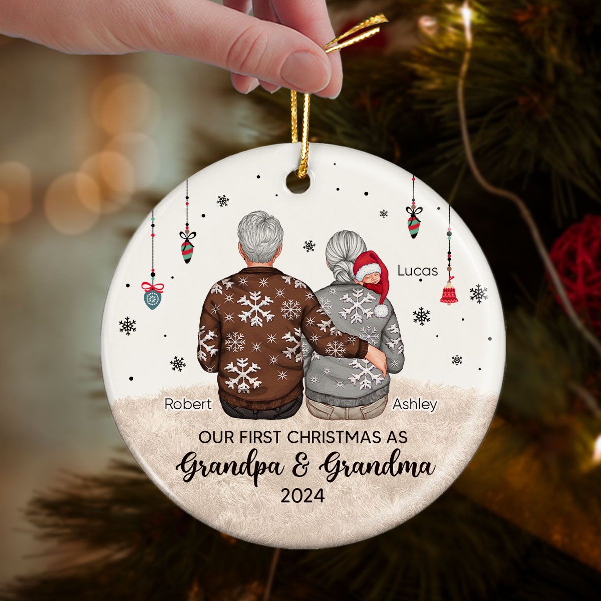 Our First Christmas As Grandma & Grandpa Personalized Circle Ceramic Ornament