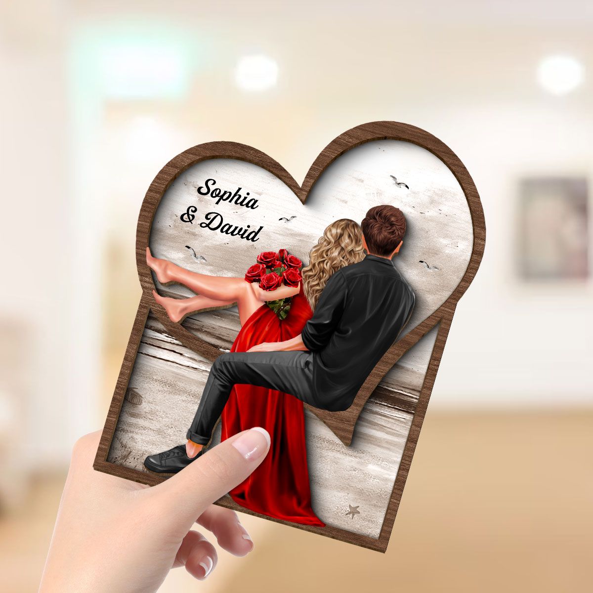 Landscape Heart Couple Sitting Back View 2-Layer Wooden Plaque, Heartfelt 2025 Personalized Couple Gift For Valentine's Day, For Her, For Him