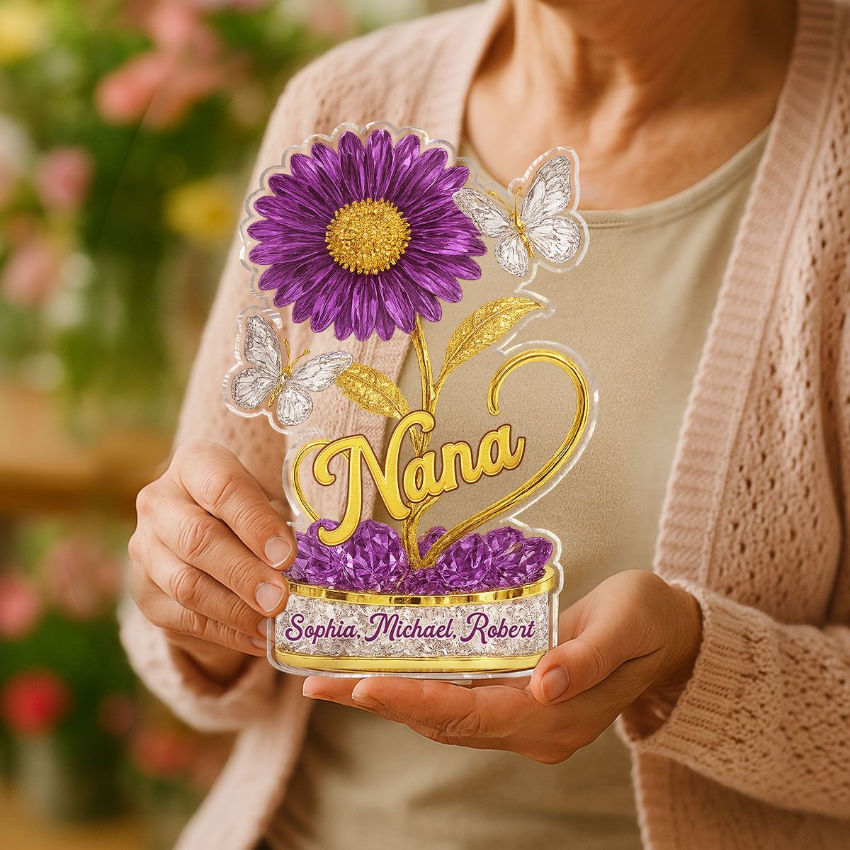 Grandma We Love You Birth Month Flower Personalized Custom Shape Acrylic Block Plaque