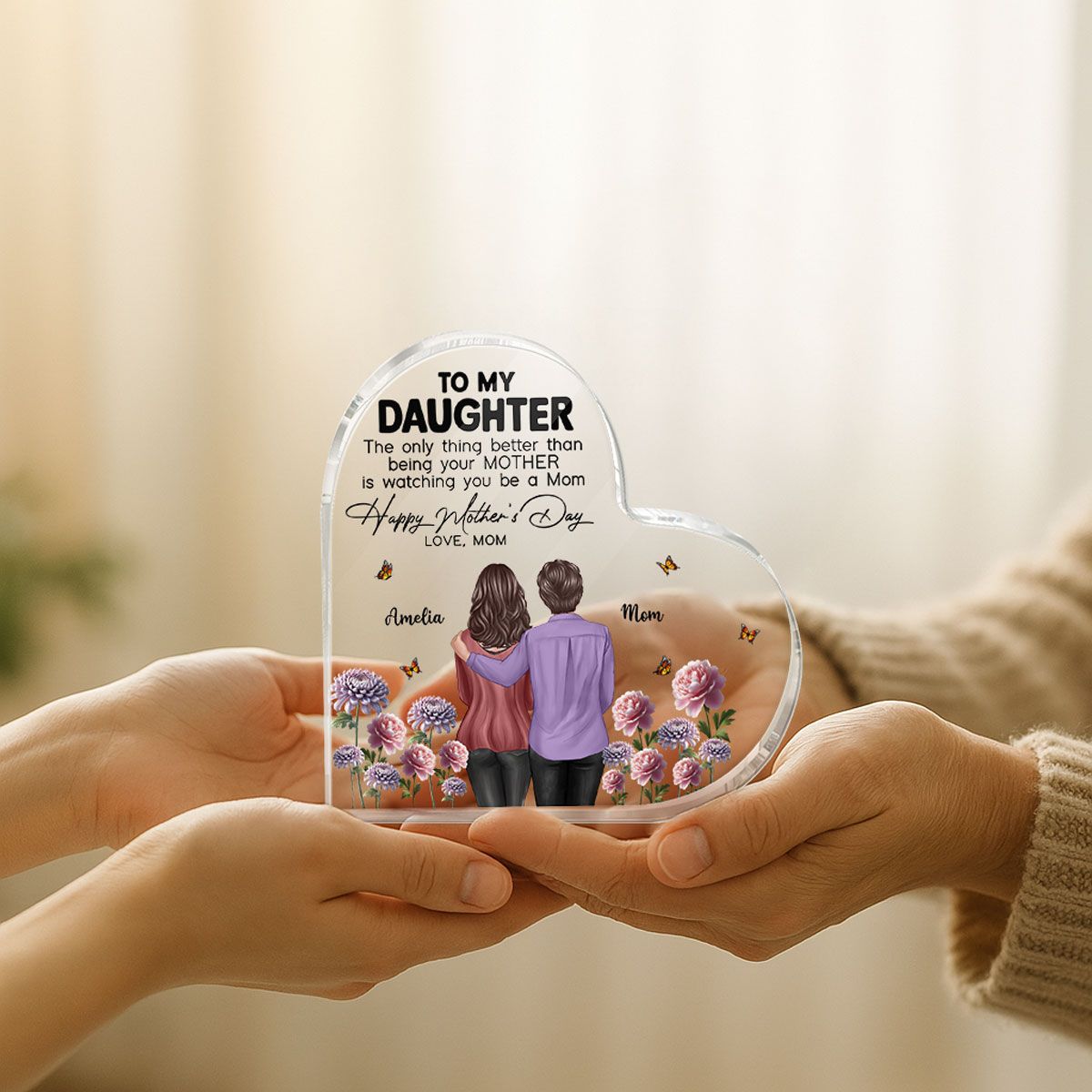 To My Daughter From Mom Happy Mother's Day Birth Flower Personalized Heart Acrylic Block Plaque