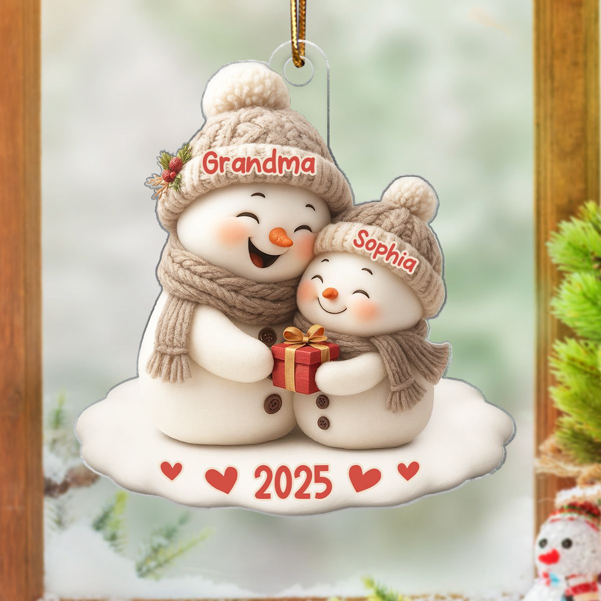 Snowman Grandma Hugging Grandkid Personalized Acrylic Ornament