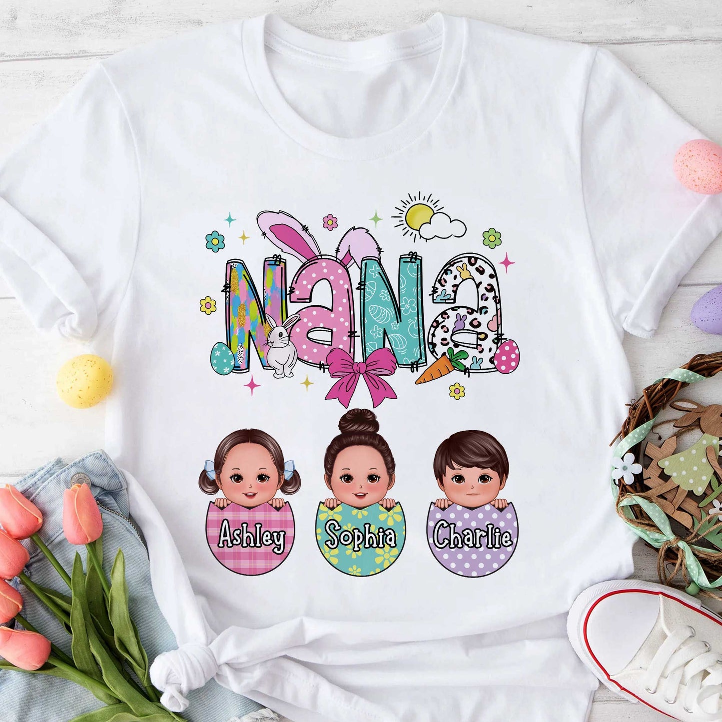 Grandma Mom Gigi Easter Eggs Kids Name Personalized Shirt