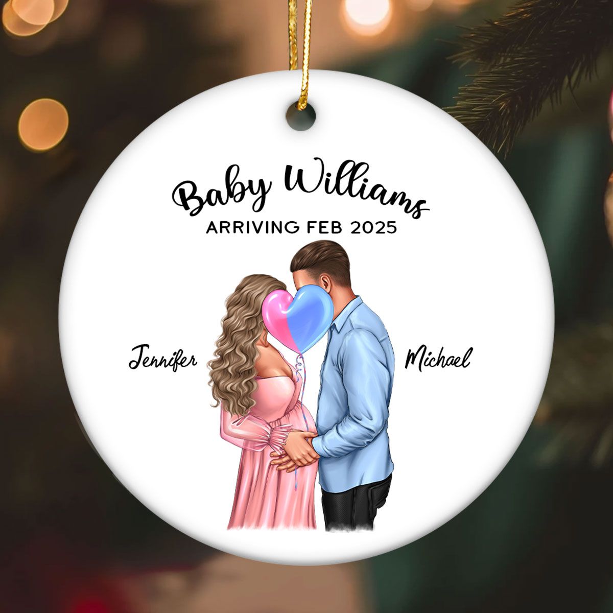 Personalized Kissing Pregnant Couple Ornament, Expecting Family, Baby Coming Soon, Pregnancy Announcement Personalized Ornament