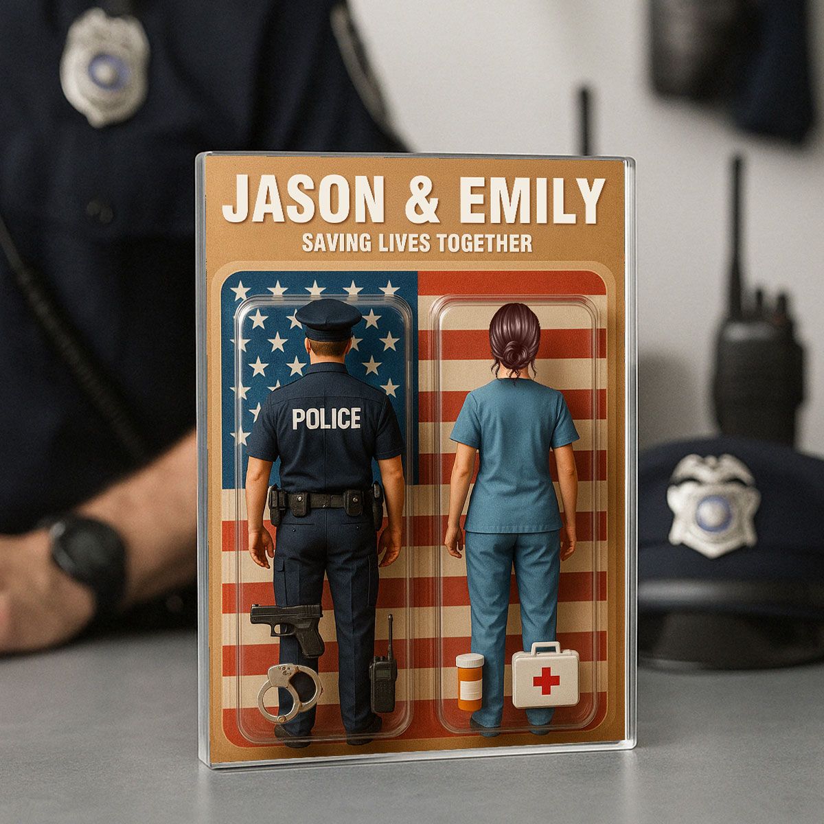 You & Me We Got This Police & Nurse Couple Toy Box Figures Style Personalized Acrylic Block Plaque