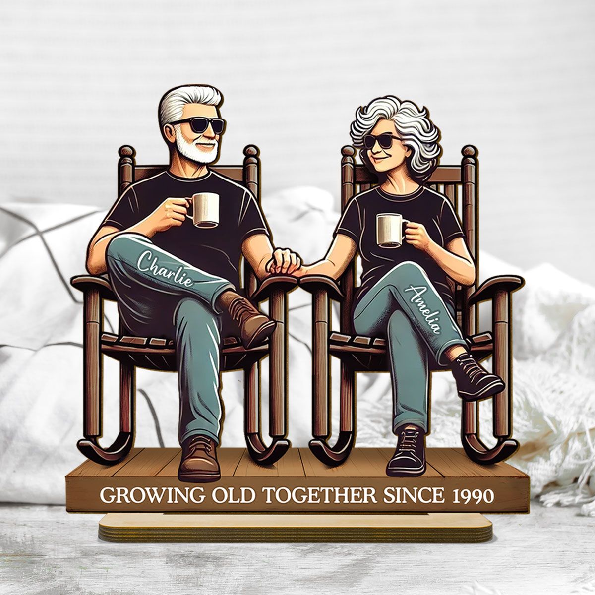 Old Couple Sitting On Front Porch Personalized Standing Wooden Plaque