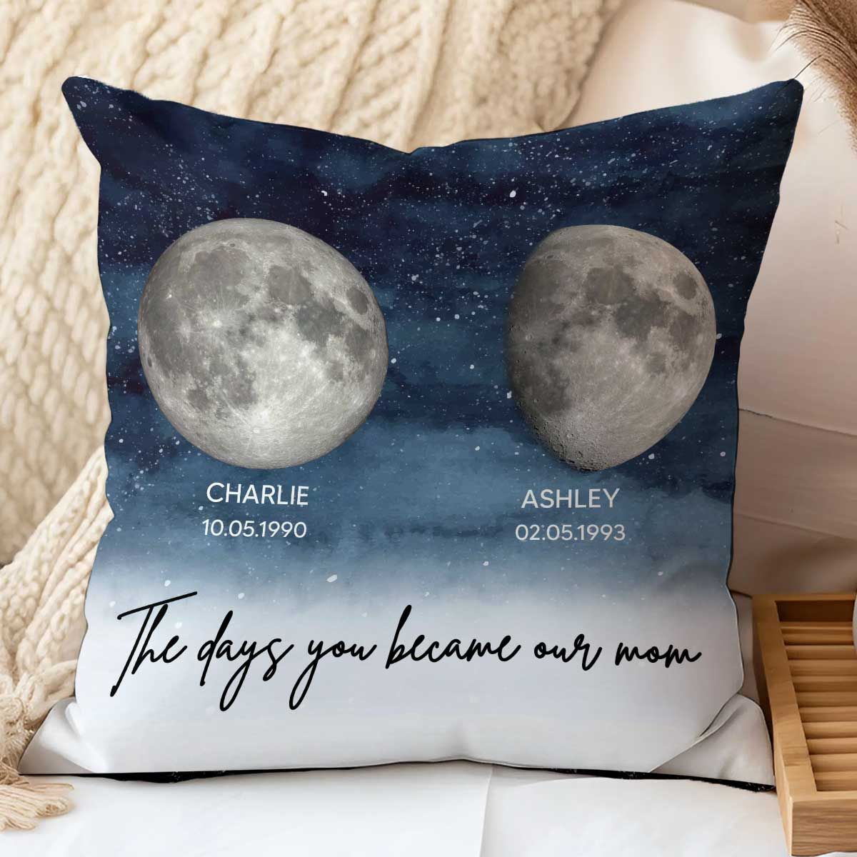 Starry Night Custom Birthday Moon Phase The Day You Became Mom Personalized Pillow, Mother's Day Gift