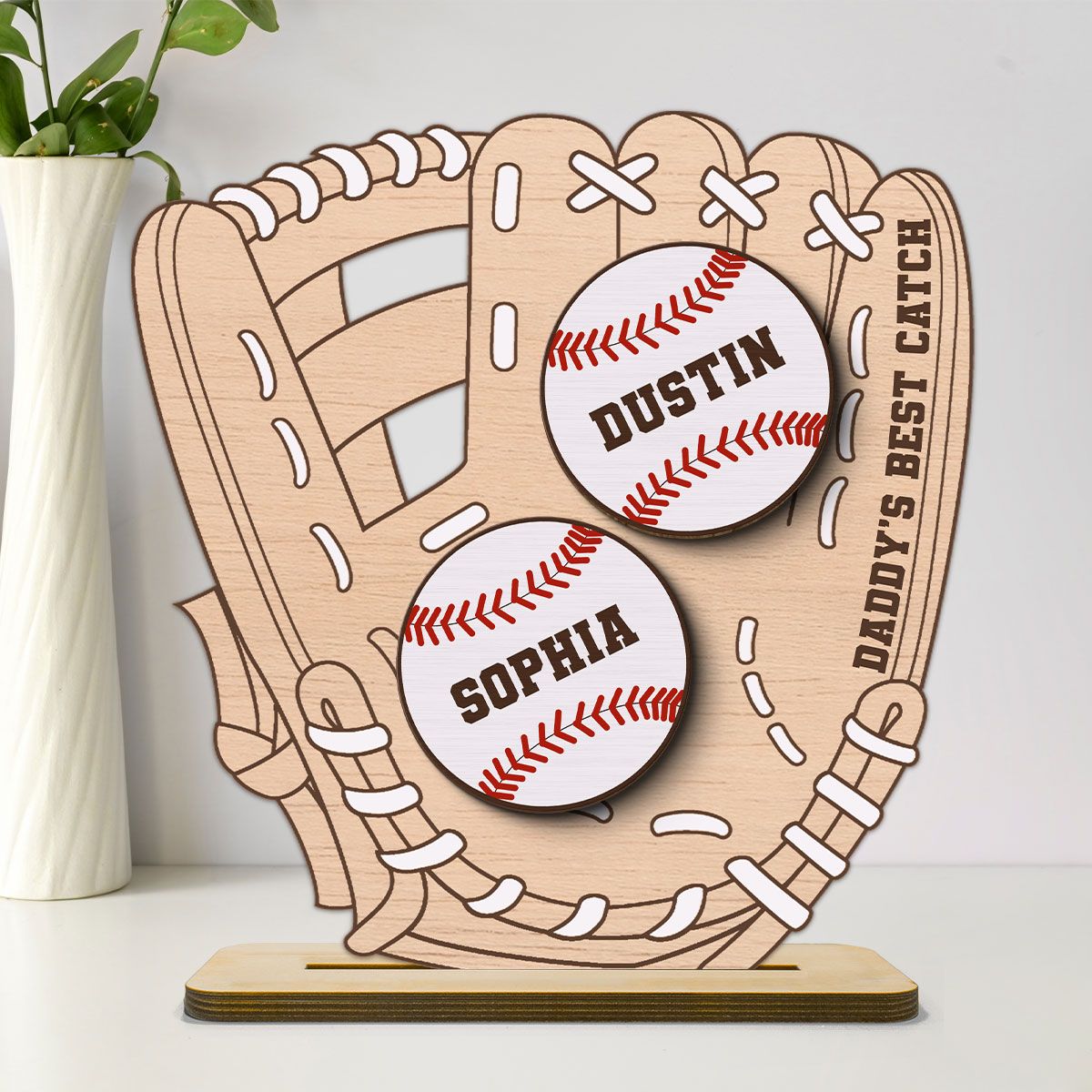 Daddy‘s Best Catch Kids Names In Baseball Glove Personalized 2-Layer Standing Wooden Plaque