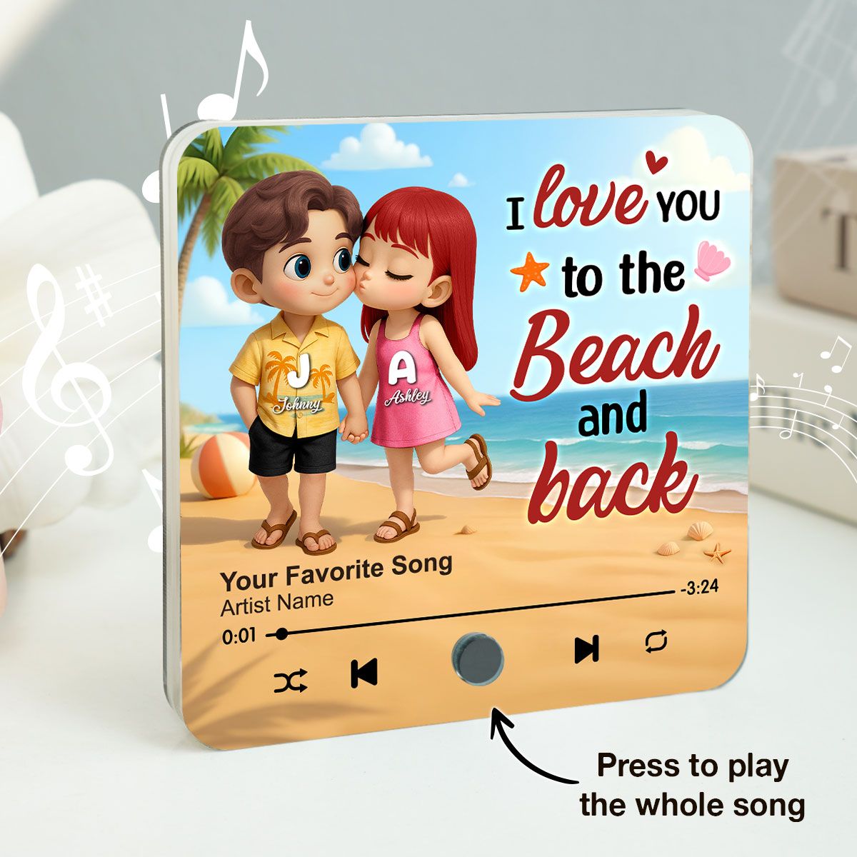My Favorite Place in All the World is Next to You, Summer Cartoon Couple Personalized Music Fridge Magnet