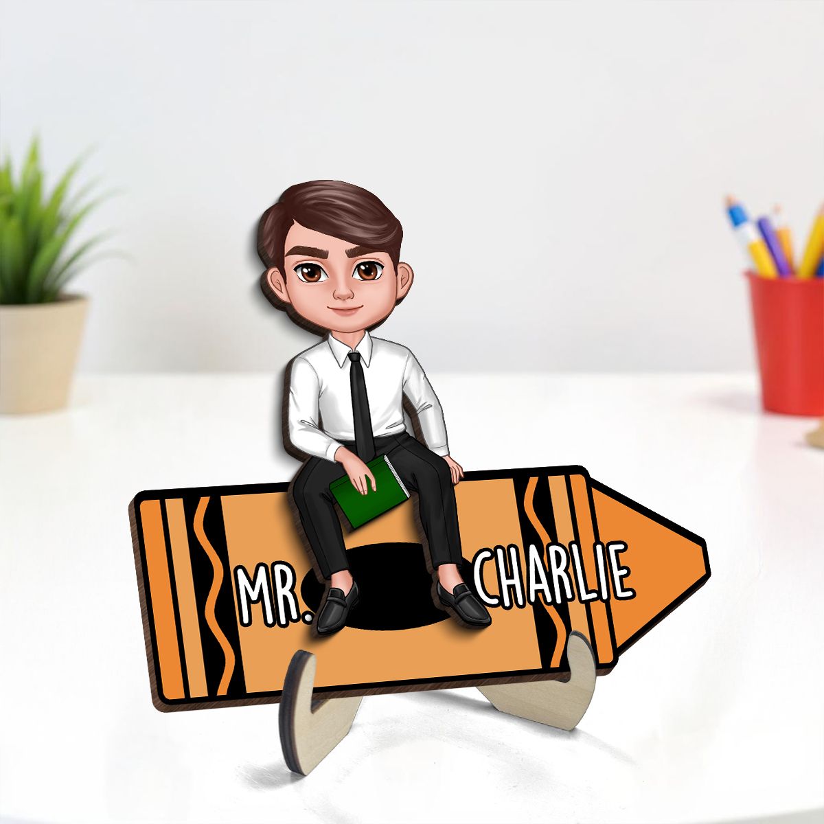 Doll Teacher Sitting On Crayon Personalized 2-Layer Wooden Plaque