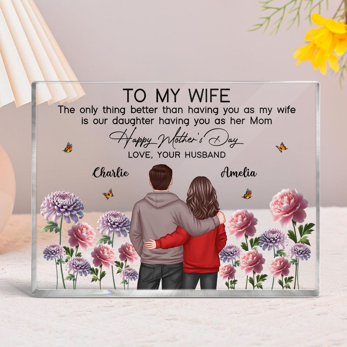 To My Wife From Husband Happy Mother's Day Birth Flower Personalized Acrylic Block Plaque