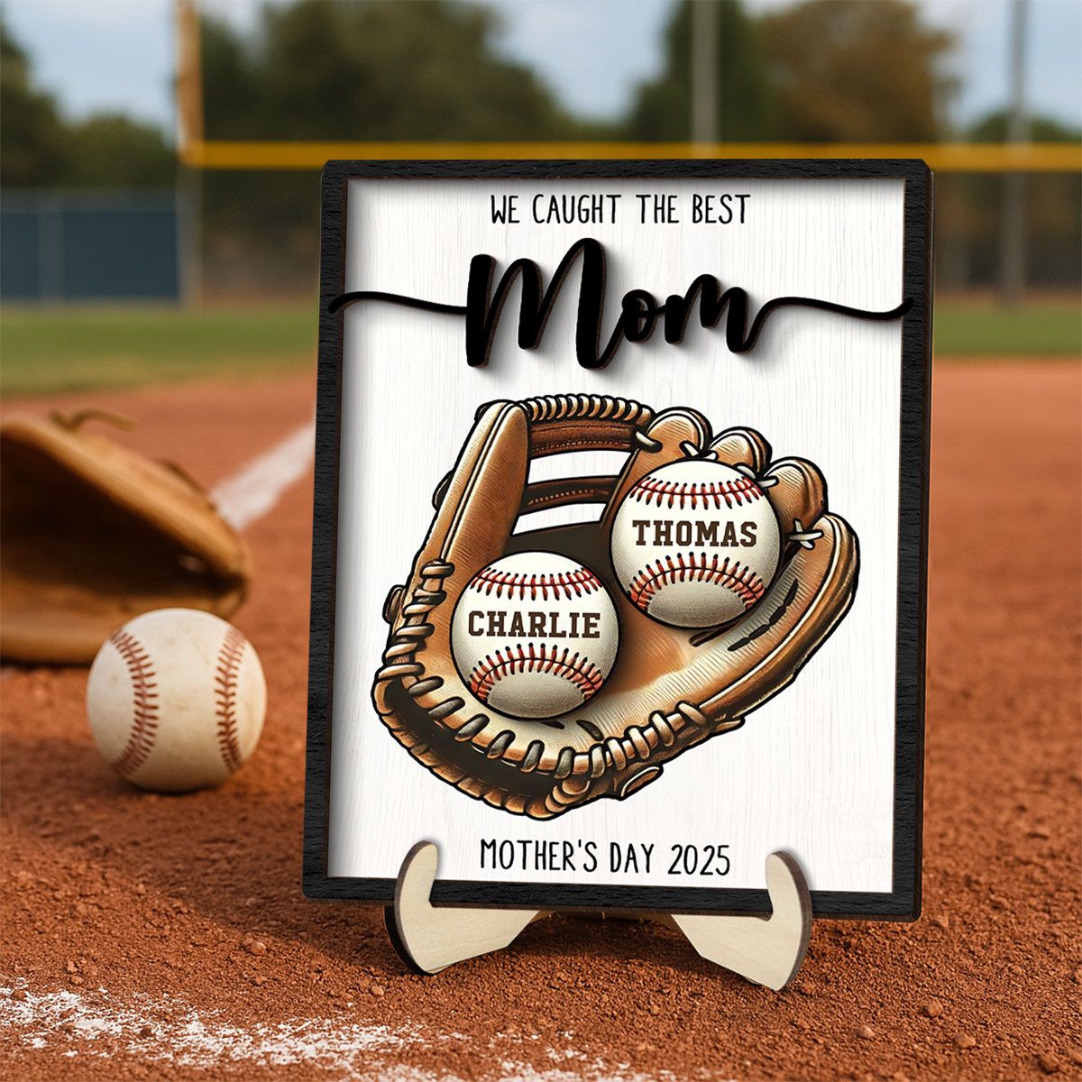 We Caught The Best Mom Baseball, Softball Personalized 2-Layer Wooden Plaque, Custom Kid's Name, Mother’s Day Gift For Mom, Gift For Wife, Gift For Grandma
