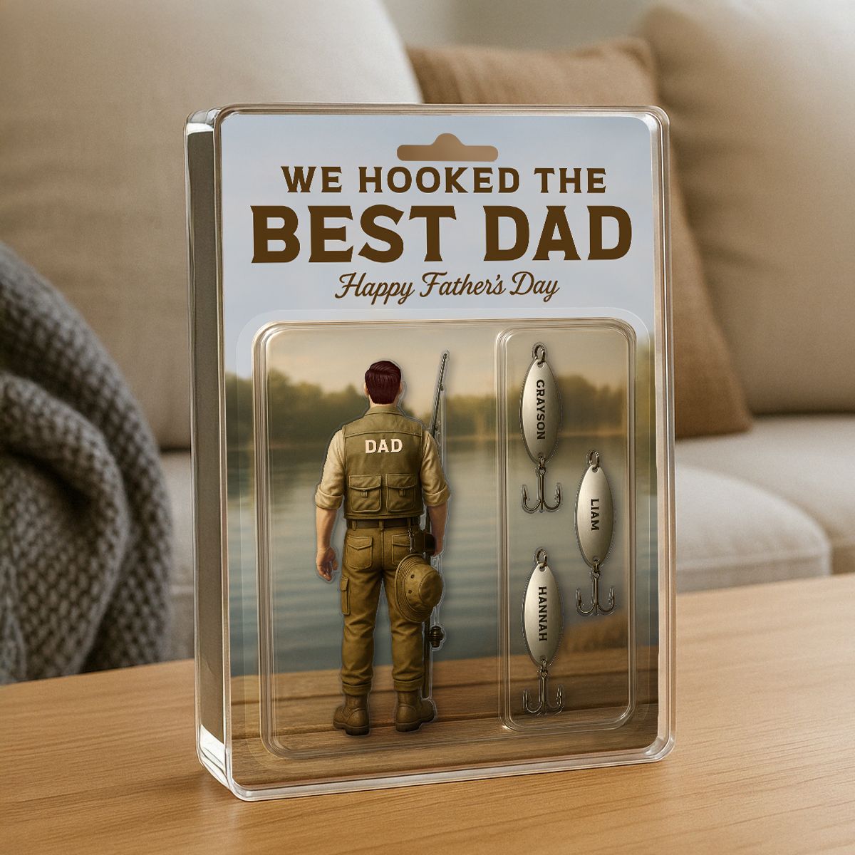 We Hooked The Best Dad Fishing With Kids' Names Custom Figure Personalized Acrylic Block Plaque, Perfect Father's Day Gift For Him, For Dad, Fishing Lover