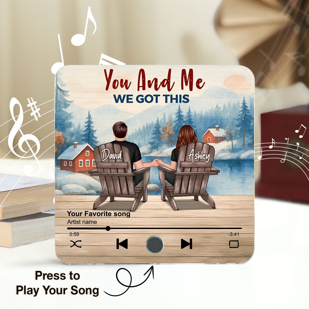 Peaceful Lakeside Forest Scene Couple Sitting Back View Personalized Music Magnet