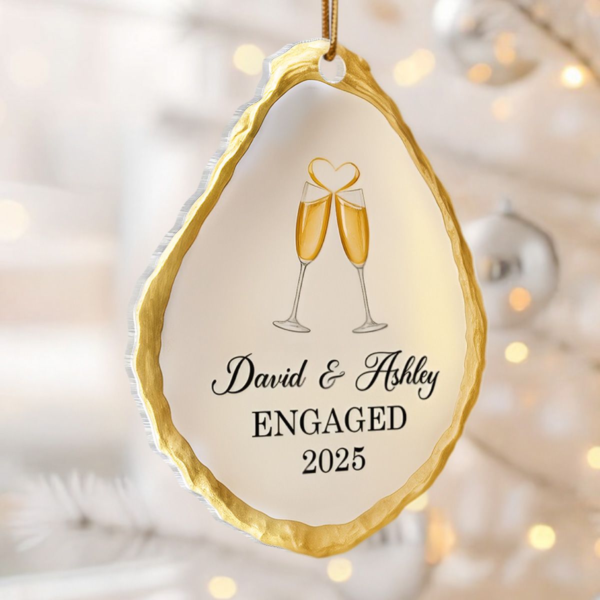 Oyster Shell Shaped Couple Engaged Personalized Flat Acrylic Ornament, Gift For Newly Engaged Couple