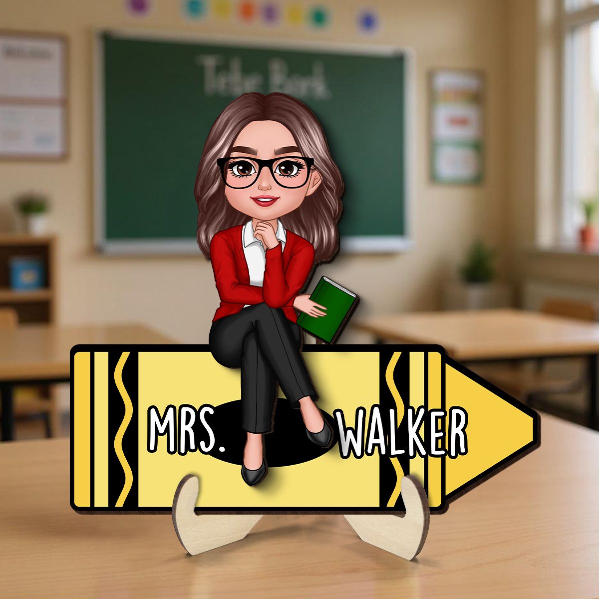 Doll Teacher Sitting On Crayon Personalized 2-Layer Wooden Plaque