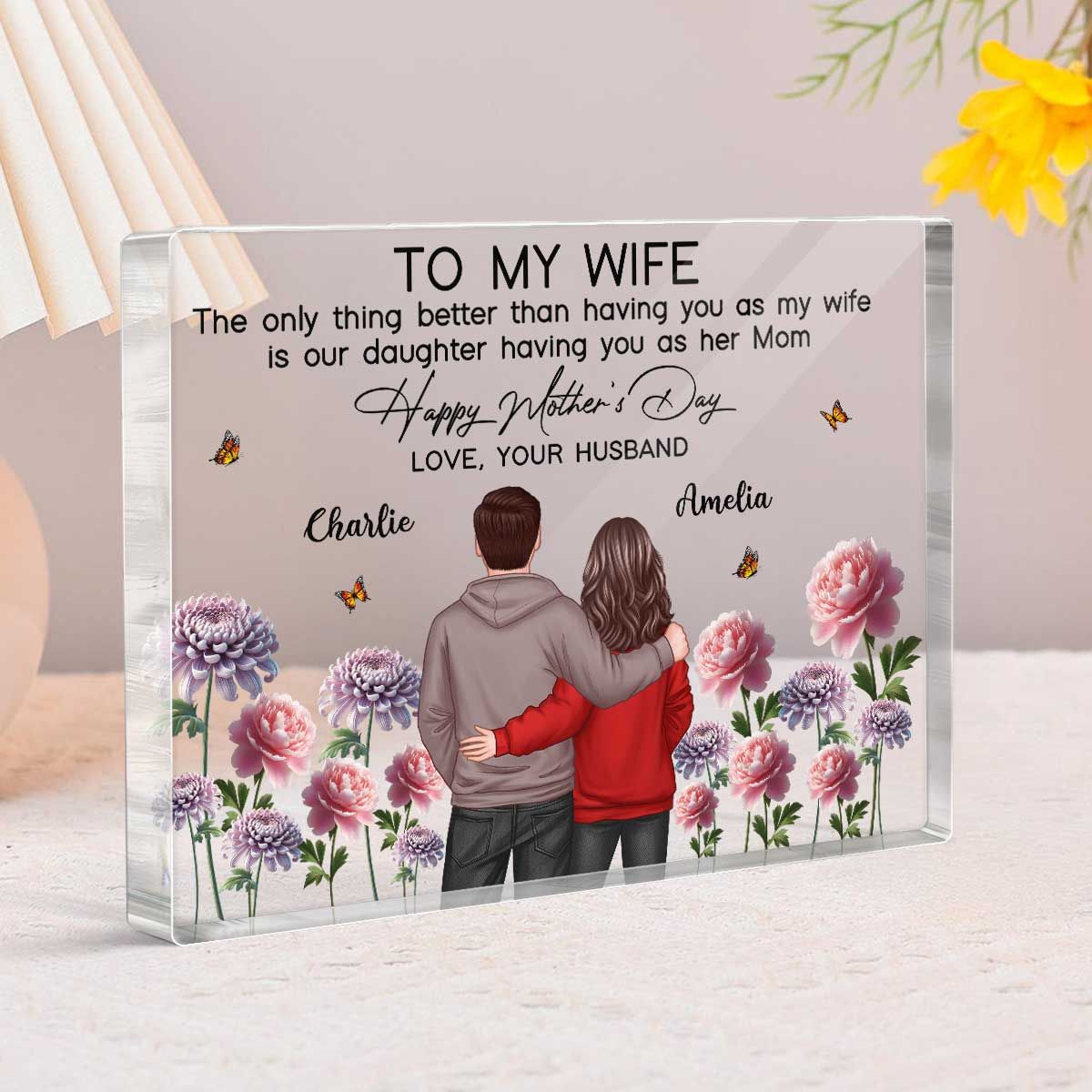 To My Wife From Husband Happy Mother's Day Birth Flower Personalized Acrylic Block Plaque