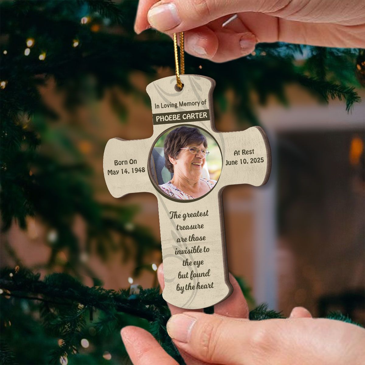 Forever in Our Hearts Memorial Keepsake, Sympathy Gift Photo Cross Christmas Personalized 2-Layer Wooden Ornament