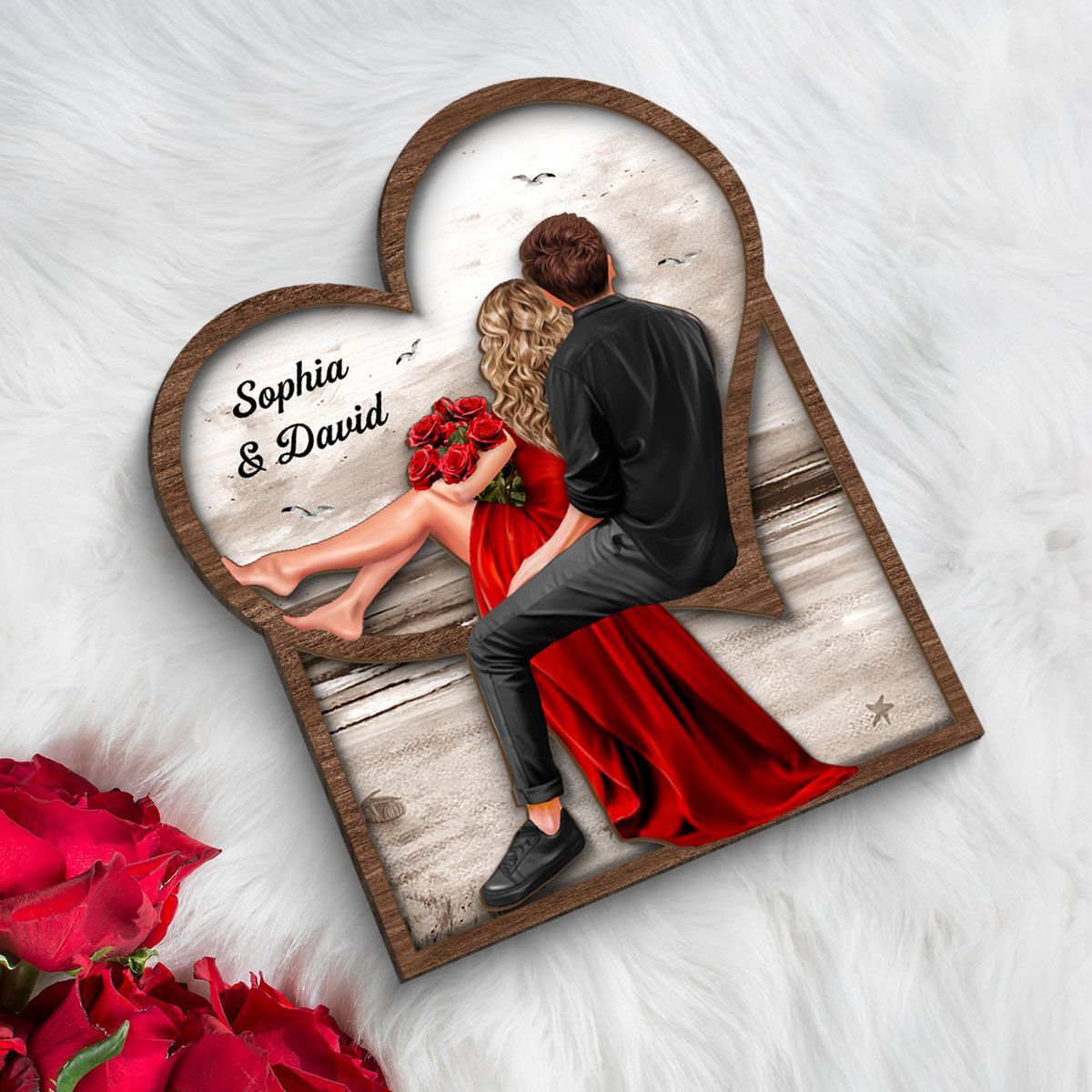 Landscape Heart Couple Sitting Back View 2-Layer Wooden Plaque, Heartfelt 2025 Personalized Couple Gift For Valentine's Day, For Her, For Him