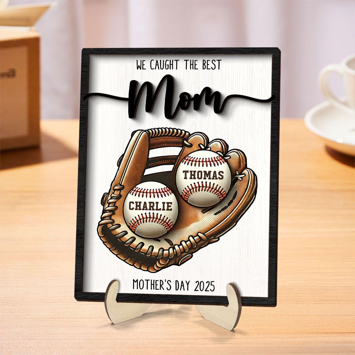 We Caught The Best Mom Baseball, Softball Personalized 2-Layer Wooden Plaque, Custom Kid's Name, Mother’s Day Gift For Mom, Gift For Wife, Gift For Grandma