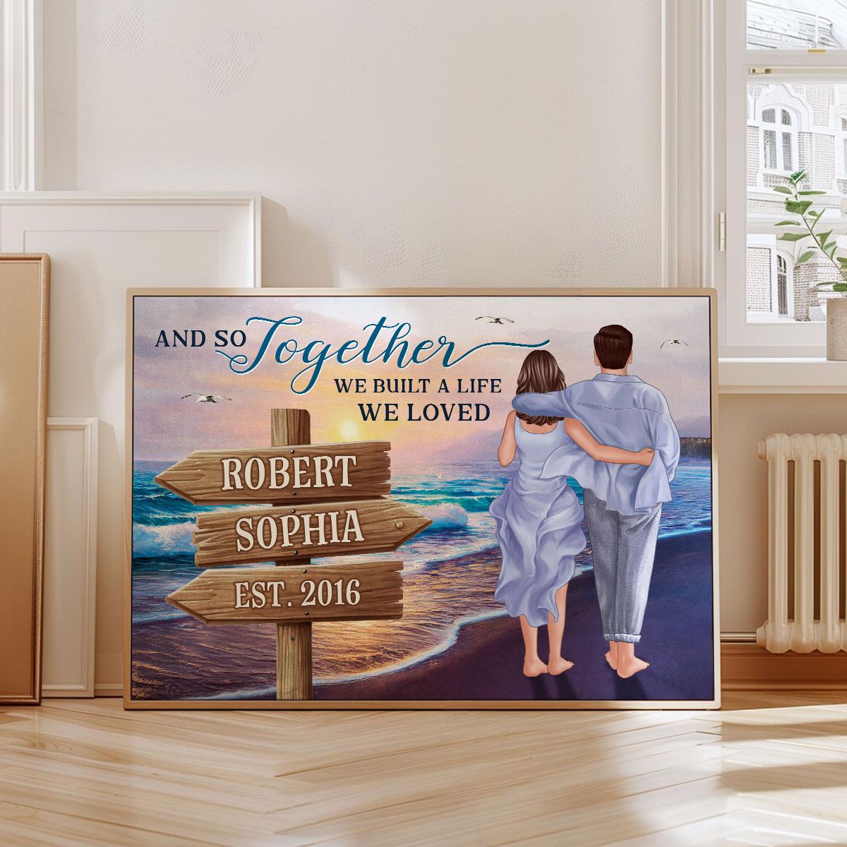 Couple Embracing & Walking On The Beach Personalized Canvas, Heartfelt Gift For Couple, For Him, For Her, Boyfriend, Girlfriend, Husband, Wife