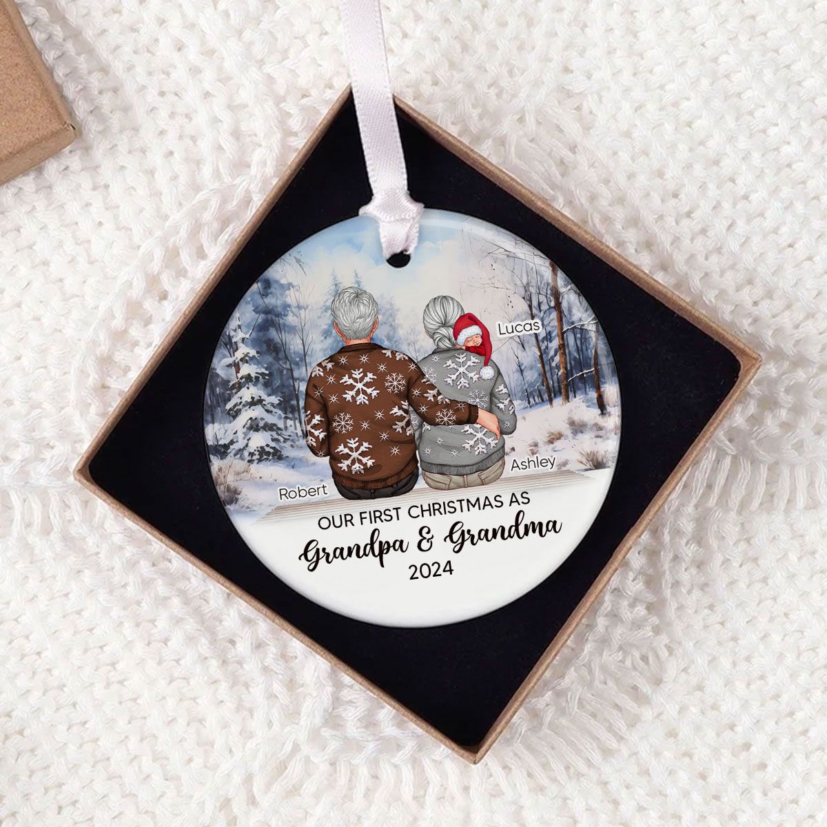 Our First Christmas As Grandma & Grandpa Personalized Circle Ceramic Ornament