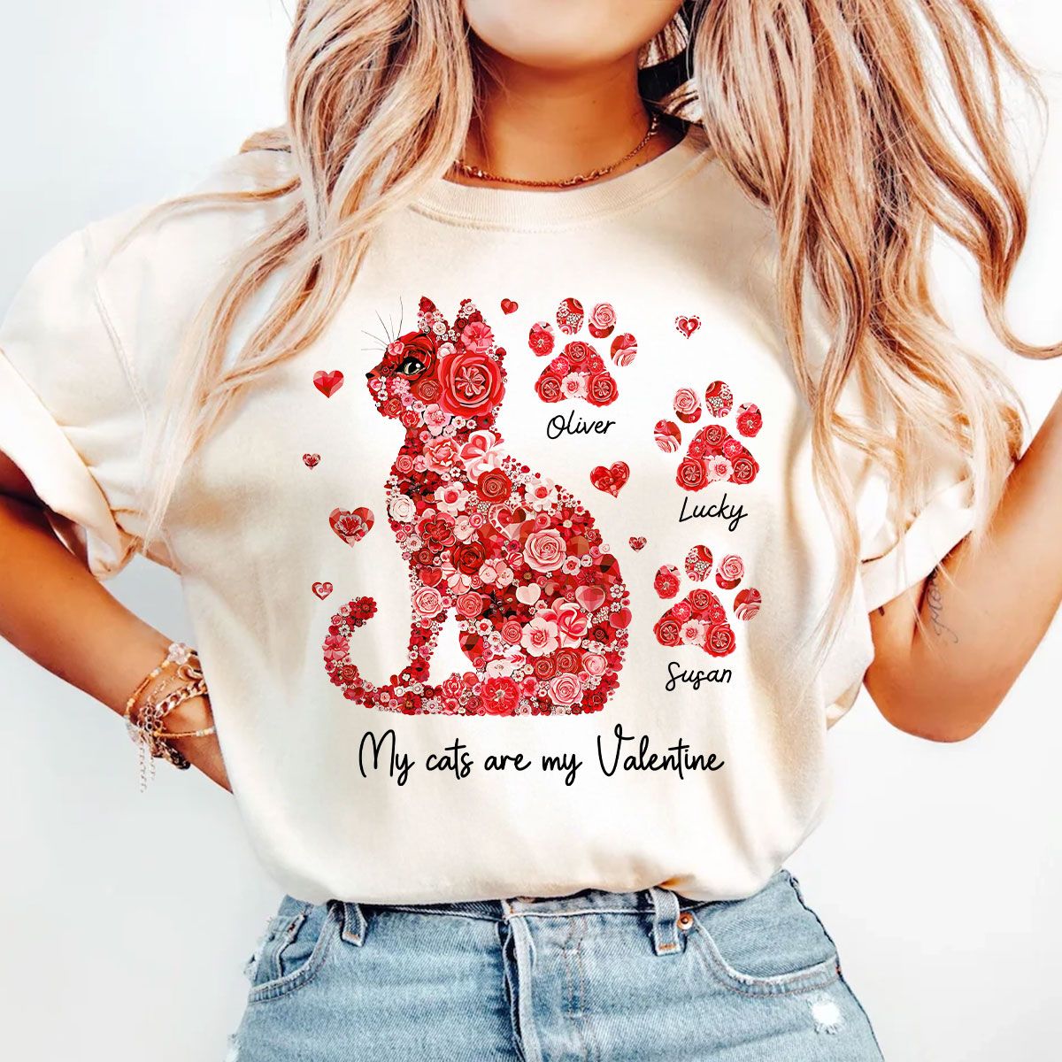 Valentine Cat Flower My Cat Is My Valentine Personalized Shirt, Gift for Cat Moms
