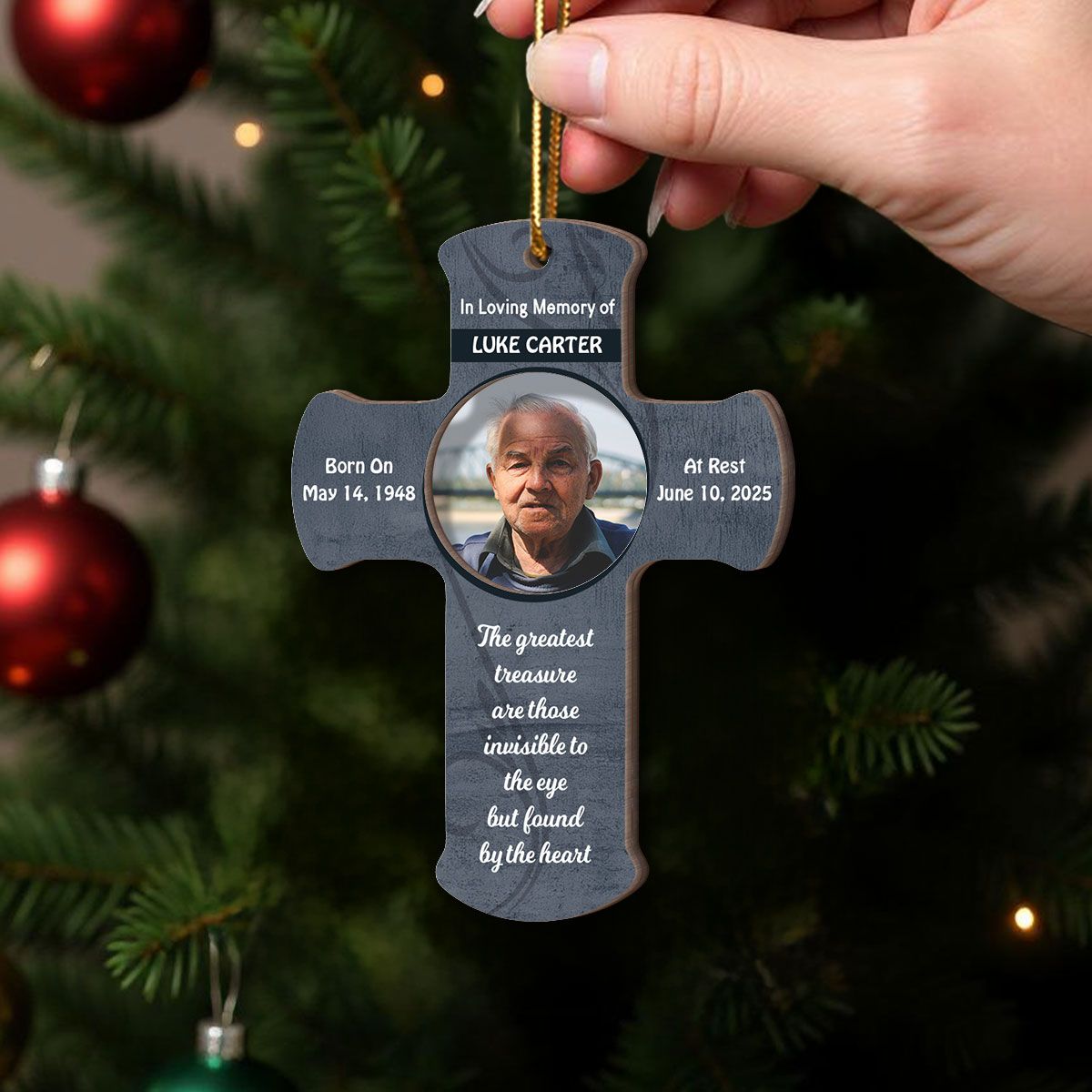 Forever in Our Hearts Memorial Keepsake, Sympathy Gift Photo Cross Christmas Personalized 2-Layer Wooden Ornament