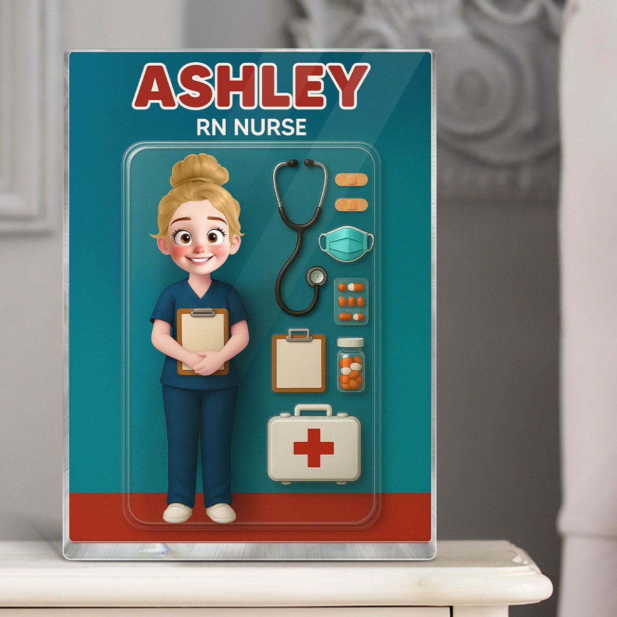 3D Effect Cartoon Funny Style Nurse Custom Figure Personalized Flat Rectangle Acrylic Block