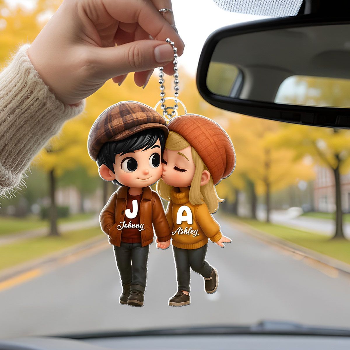 Fall Season 3D Effect Cute Cartoon Couple Walking Personalized Car Ornament, Perfect Gift for him, Gift for her