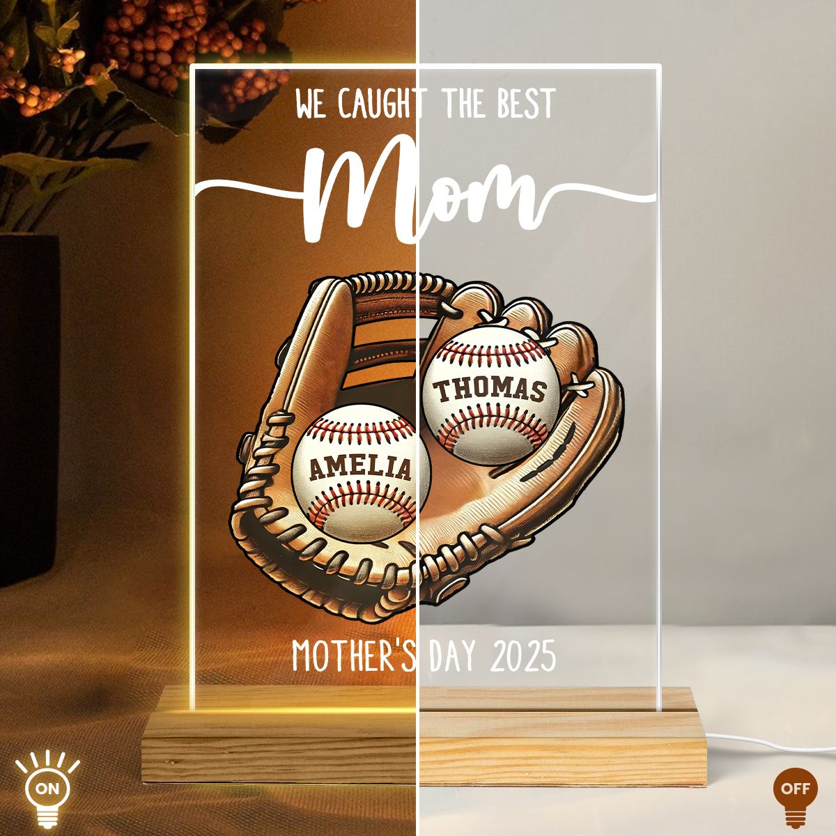 We Caught The Best Mom Baseball, Softball Personalized LED Night Light, Custom Kid's Name, Mother's Day, Gift For Wife, Gift For Mom