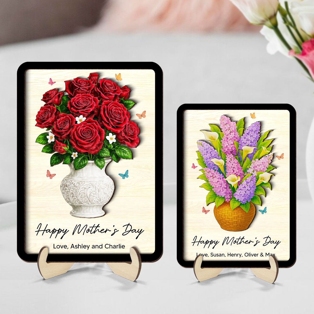 Flower Bouquet Personalized 2-Layer Wooden Plaque, Heartfelt 2025 Mother's Day Gift For Mom, For Grandma, For Wife