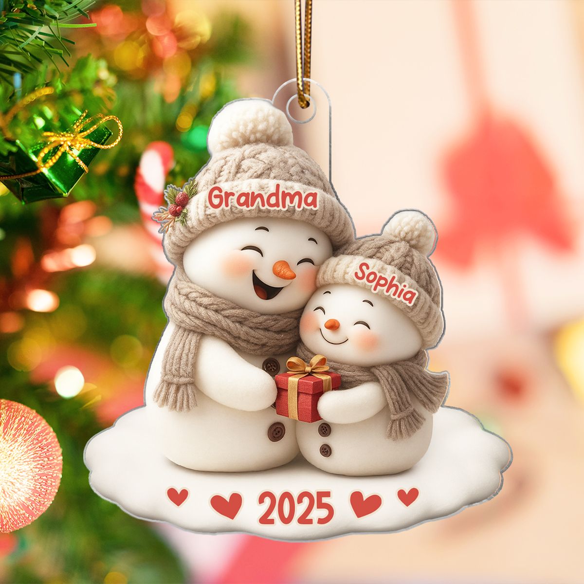 Snowman Grandma Hugging Grandkid Personalized Acrylic Ornament