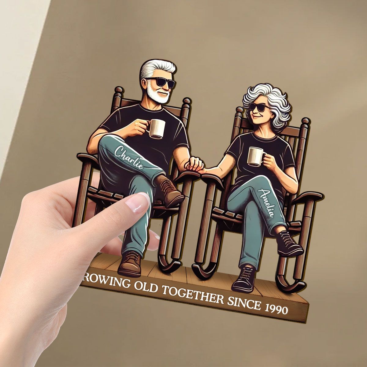 Old Couple Sitting On Front Porch Personalized Standing Wooden Plaque