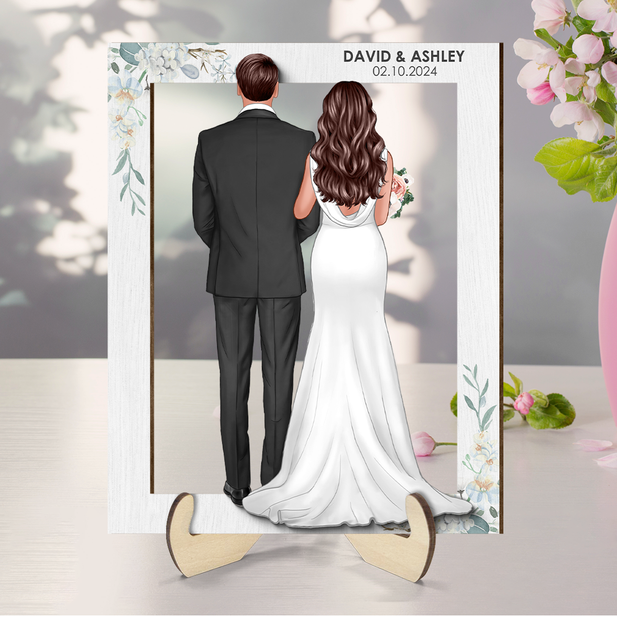 Groom Bride Back View Frame Wedding Gift Personalized 2-Layer Wooden Plaque, Anniversary Gift, Valentines Day Gift For Couples, For Him, For Her