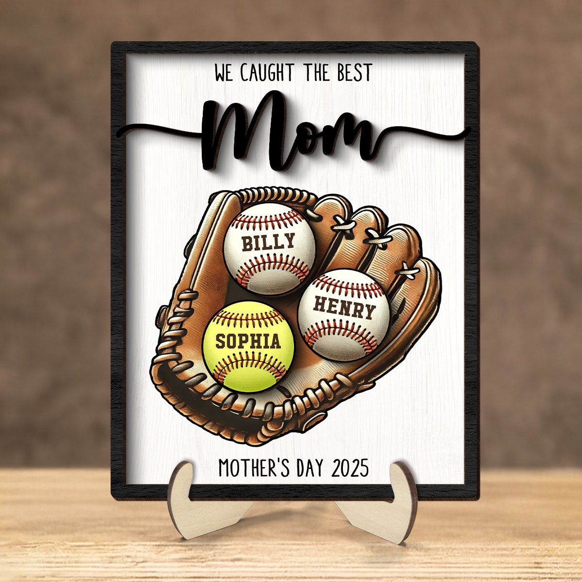 We Caught The Best Mom Baseball, Softball Personalized 2-Layer Wooden Plaque, Custom Kid's Name, Mother’s Day Gift For Mom, Gift For Wife, Gift For Grandma
